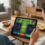 Player exploring alo8 sports betting app on tablet in a cozy home setting with snacks