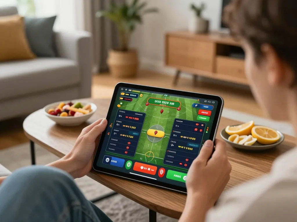 Player exploring alo8 sports betting app on tablet in a cozy home setting with snacks