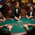 Engaged players strategizing during a thrilling blackjack game at 7m casino, vibrant atmosphere and dynamic gameplay.