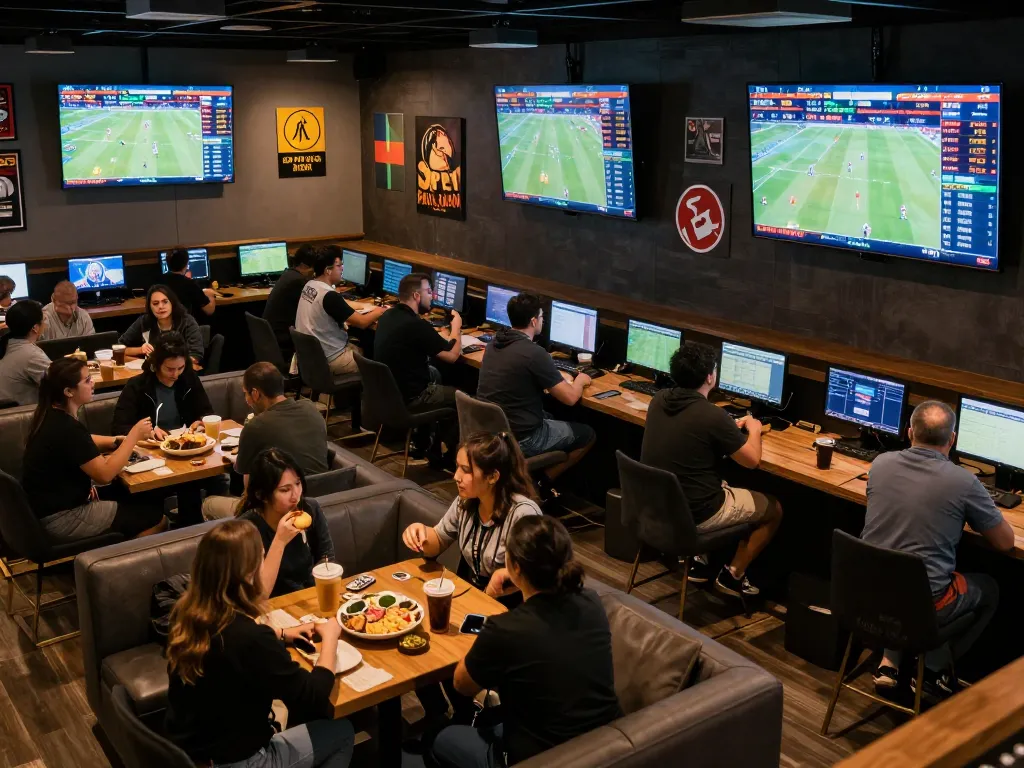 Xoilac enthusiasts engaging in live sports betting, enjoying an interactive viewing experience within a vibrant lounge setting