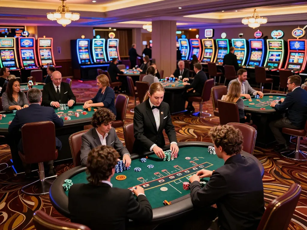 wstar77 players enjoying an upscale casino experience at blackjack tables, vibrant atmosphere with elegant decor.