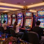 Exciting players celebrating wins at vibrant raja slot machines in a modern casino