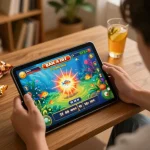 Bắn cá đổi thưởng game display on tablet screen with vibrant graphics in cozy home setup