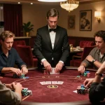 Luck8 players strategizing over poker table in vibrant casino atmosphere.