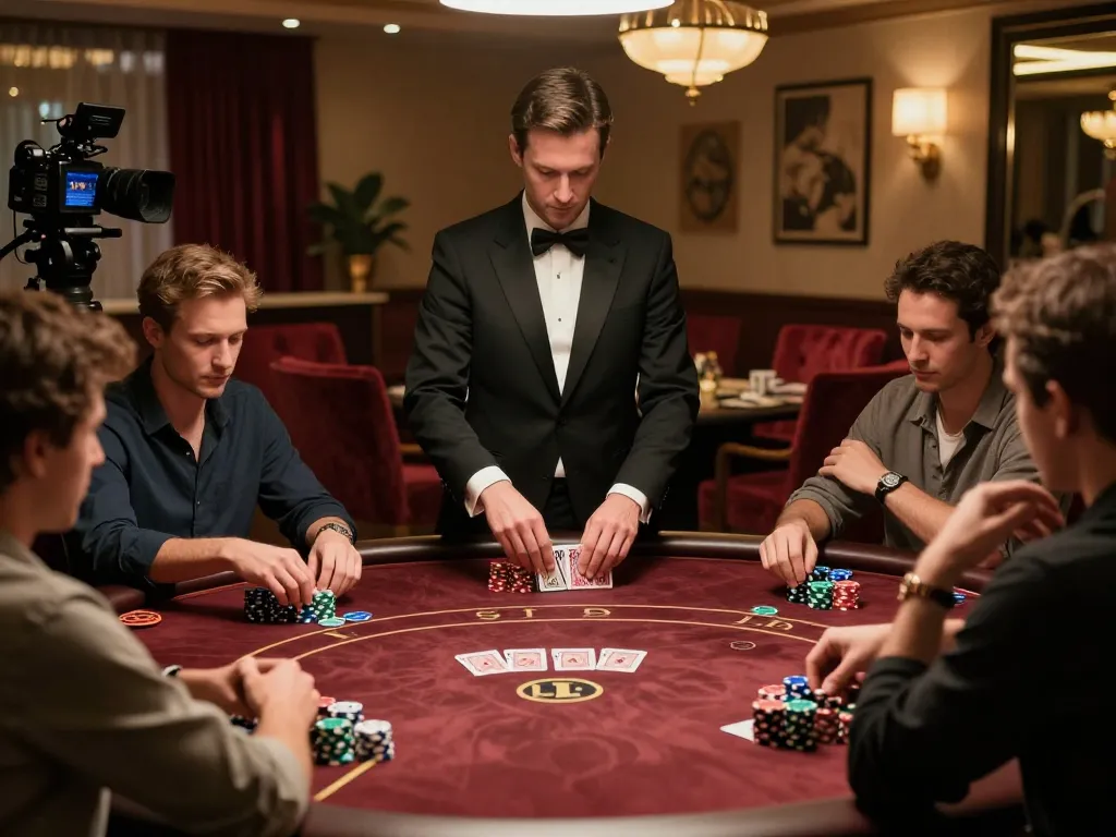 Luck8 players strategizing over poker table in vibrant casino atmosphere.