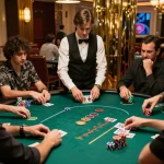 Kuwin players strategizing in a high-stakes poker game at a luxury casino, with focused expressions and colorful chips.
