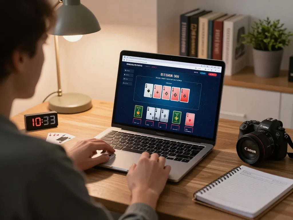 BOMWIN player strategizing at home blackjack game, showcasing online betting interface and responsible gambling elements