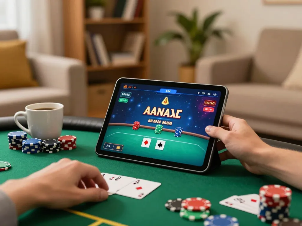 Play poker on okfun in a cozy living room setting with engaging atmosphere.