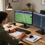 Person engaging in sports betting with HB88 interface visible on multiple screens, showcasing excitement and strategic decisions.