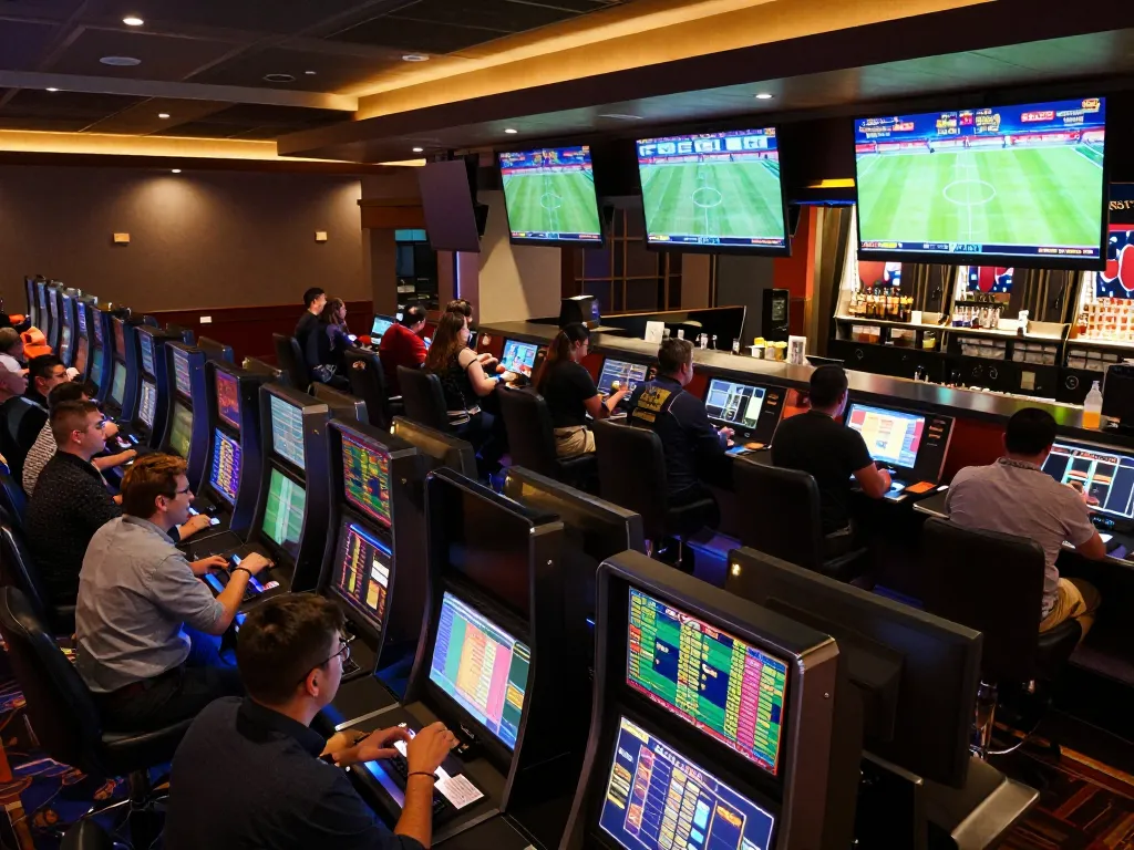 Excited bettors analyzing kèo nhà cái odds at a modern sports betting lounge with screens showing live games