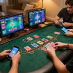 Engaged players enjoying online blackjack at nk88, showcasing a vibrant home gaming atmosphere