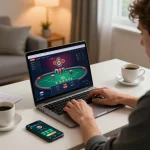 Engaging user playing shbet online poker on a laptop at home, showing strategic approach and relaxed environment.