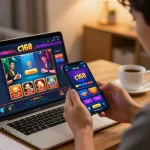 Player engaging with the nhà cái c168 app on smartphone, showcasing online casino experience