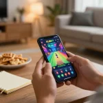 KUBET player engaged in online gaming on smartphone at home, dynamic gameplay visible