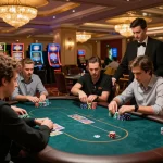 Players strategizing around the poker table at a upscale casino with rokok88 chips stacked high.