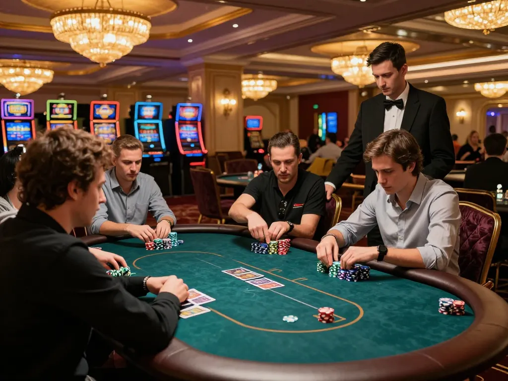 Players strategizing around the poker table at a upscale casino with rokok88 chips stacked high.