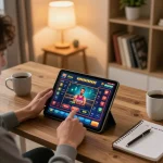 Player engaging with 8live online casino games on a tablet in a cozy home environment.