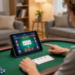 KKWIN player enjoying a thrilling poker game on a tablet in a cozy home setting.