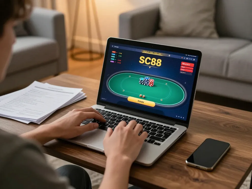Engaging in SC88 online gambling with a laptop in a cozy living room atmosphere