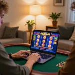 Engaging moment at 888slot where a player interacts with colorful online slot games in a cozy home setting.