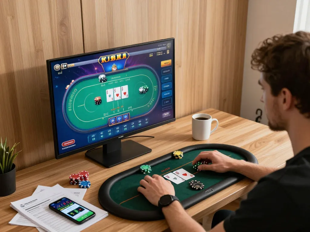 Engaging in strategic online poker gameplay on iwin platform with a cozy home setup