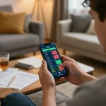 Person engaging in sports betting with Keo nha cai 5 displayed on smartphone in a cozy living room