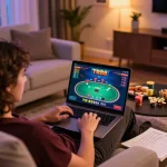 Playing TR88 poker online in a cozy home setup, laptop with gameplay and snacks on the table.
