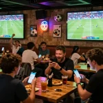 CakhiaTV app being used at a lively sports bar during a live football match, showcasing betting excitement.