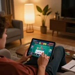 Engaging in a GO99 online poker game in a cozy living room setting with modern decor.