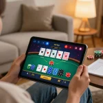 Player engaged in a sunwin online poker game strategy at home, cozy ambiance and warm lighting