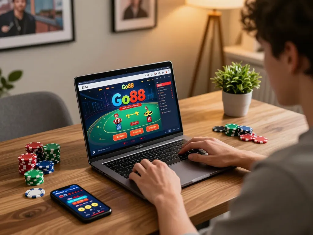 Engaging in strategic gameplay on Go88 online casino from a cozy home setup.
