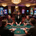 Players engaged in a thrilling blackjack game at a luxurious casino, highlighting gk88's strategic gameplay.