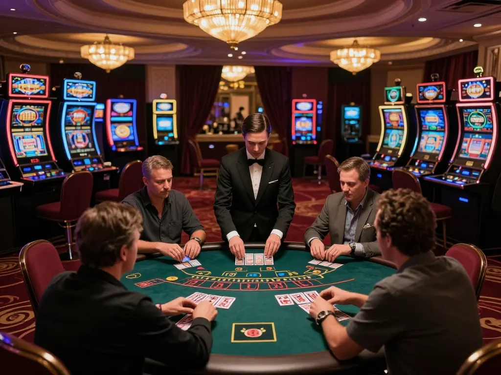 Players engaged in a thrilling blackjack game at a luxurious casino, highlighting gk88's strategic gameplay.