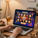 Player enjoying an exciting QQ88 slot game on a laptop in a cozy home setting