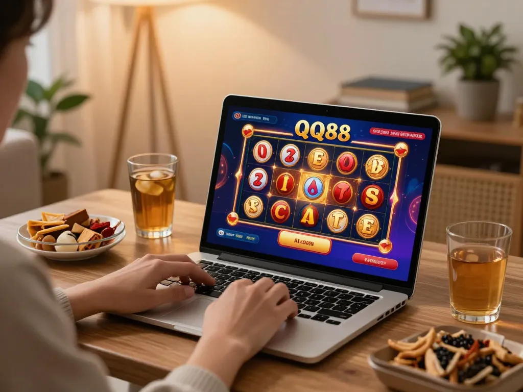 Player enjoying an exciting QQ88 slot game on a laptop in a cozy home setting