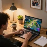 Engaging in a game bài đổi thưởng on a laptop during a cozy home gaming session