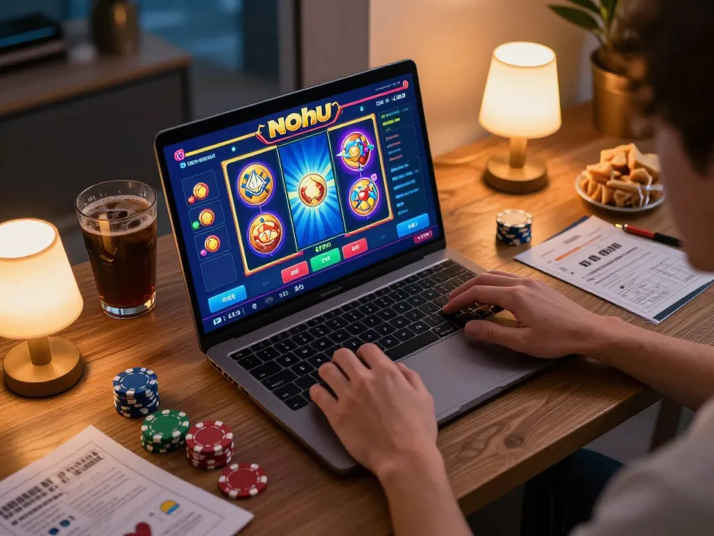 Nohu slot game in action, showcasing strategic gameplay in a cozy home gaming environment