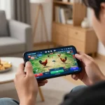 Engaging in Đá gà thomo matches on mobile showcasing live gaming excitement and immersive home environment