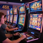 Players engaging with 45X online slots in a vibrant casino environment