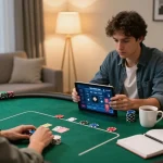 Engaging in poker on LC 88 platform with a well-organized home setup, showcasing strategic planning and responsible gaming.