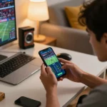 Engaging in sports betting on alo8 app from a cozy home setup, focusing on live odds and strategy.