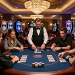 Players engaging in thrilling poker game at ok8386 casino, vibrant atmosphere and strategic gameplay.