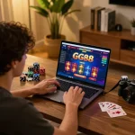 Engaging in online gaming at GG88 with vibrant graphics on a laptop, capturing the thrill of casino entertainment