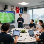 Expert soccer picks and analysis session in a modern sports room with displays and notepads.