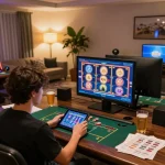Bong88 player engaging in vibrant online casino gaming with tablet and strategy notes.
