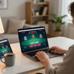 Player enjoying live dealer blackjack at home while using LV88 for online gaming.