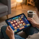 Player enjoying LV88 slots game on tablet in cozy living room setting, showcasing relaxed gameplay atmosphere.