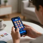 Player using 11win mobile app for online gaming, showcasing excitement and strategic gameplay in a cozy home.