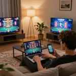 Player engaging with Lode88 online casino on laptop, showcasing a vibrant gaming session in a cozy setting.