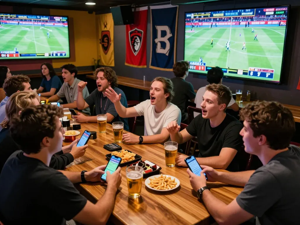 Kèo Nhà Cái sports betting excitement with fans engaged in live discussions and app usage.